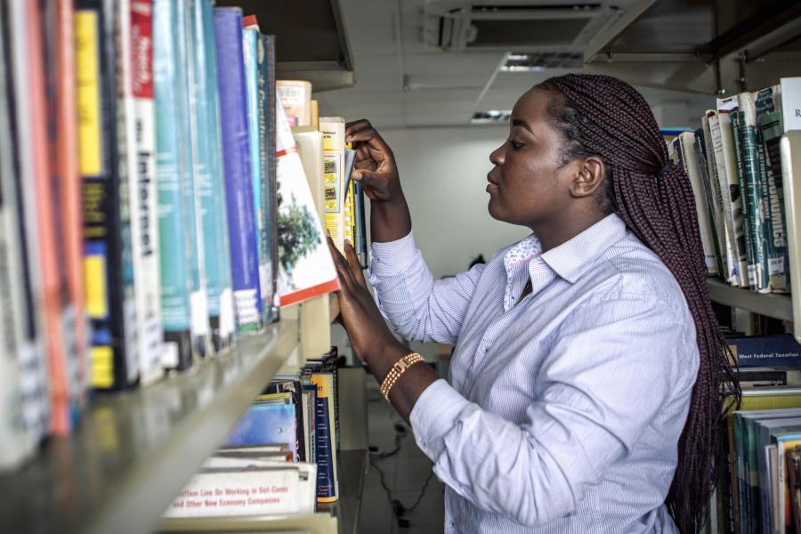 A girl in a library 