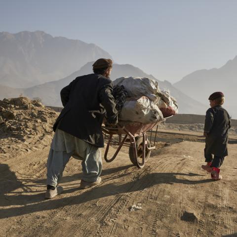 A man is pushing a wheelbarrow full of firewood up a hill. He is accompanied by his five-year-old son walking next to him.