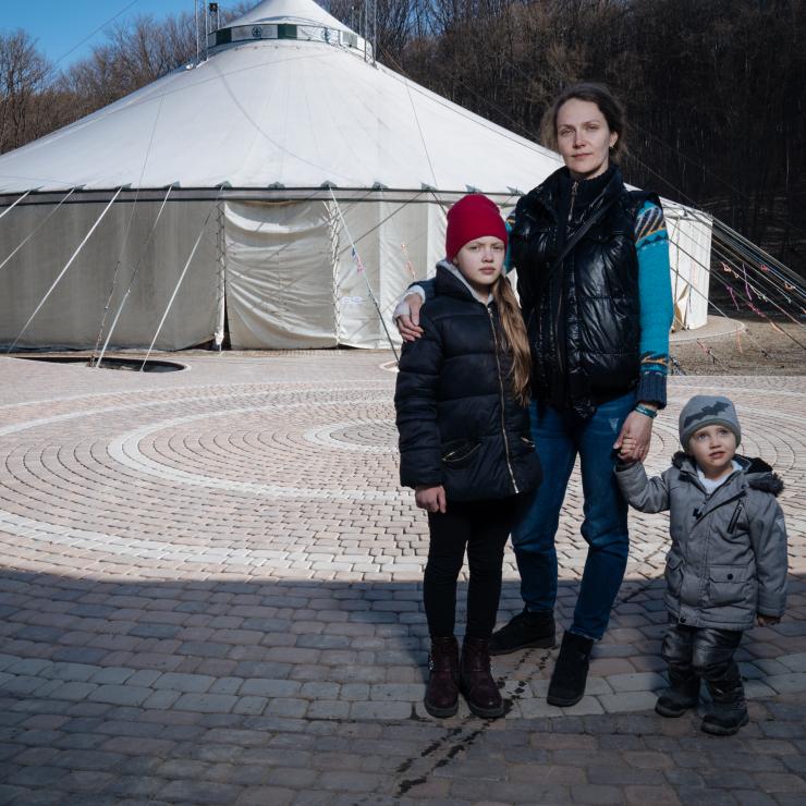 Ukrainian mother with her two kids.