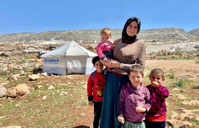 Shamseh and her family were first displaced by the conflict in Syria three years ago. When her host town of Jandairis in north-west Syria, was struck by February’s earthquakes in south-eastern Türkiye and northern Syria, she, her husband and four children found safety at the informal Barmaya site for internally displaced people in Afrin District, Aleppo. UNHCR/Priscilla Gracinda Gomes