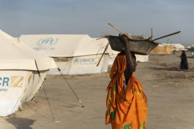 Woman carrying firewood in a basket on her head. 