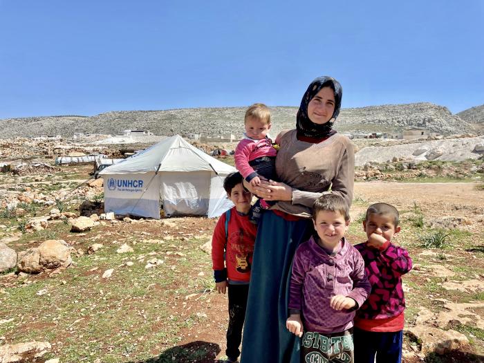 Shamseh and her family were first displaced by the conflict in Syria three years ago. When her host town of Jandairis in north-west Syria, was struck by February’s earthquakes in south-eastern Türkiye and northern Syria, she, her husband and four children found safety at the informal Barmaya site for internally displaced people in Afrin District, Aleppo. UNHCR/Priscilla Gracinda Gomes