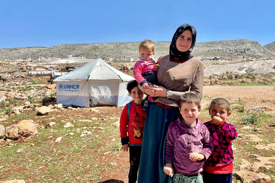 Shamseh and her family were first displaced by the conflict in Syria three years ago. When her host town of Jandairis in north-west Syria, was struck by February’s earthquakes in south-eastern Türkiye and northern Syria, she, her husband and four children found safety at the informal Barmaya site for internally displaced people in Afrin District, Aleppo. UNHCR/Priscilla Gracinda Gomes