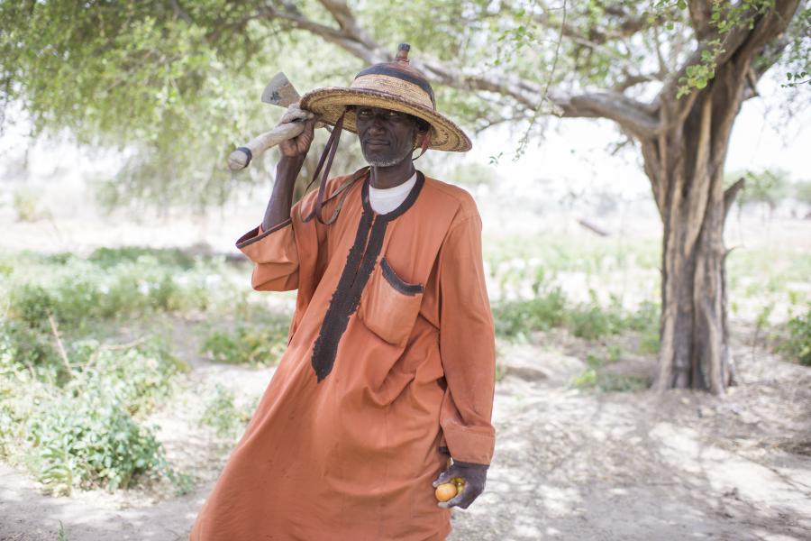 Goussam Koko is a Nigerian refugee working in a collective vegetable garden in Sayam Forage camp, Niger. So far, 125 refugees, returned and host families have been trained and practice market gardening and fish farming activities.  © UNHCR/Colin Delfosse