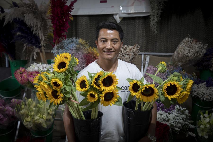 man with sunflowers