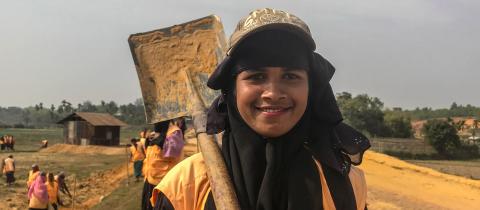 Amira, 20, works as a road construction volunteer in Kutupalong mega-camp, landscaping, tunnelling and greening road sides as part of the the Site Management and Engineering Project (SMEP) in Cox’s Bazar, Bangladesh.
