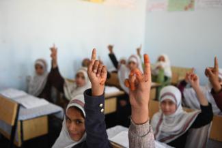 On Feb 06, 2020, Shahid Mohamad Akram Khakrizwal Female High School students raise their hands during a class in Kandahar Province of Afghanistan.